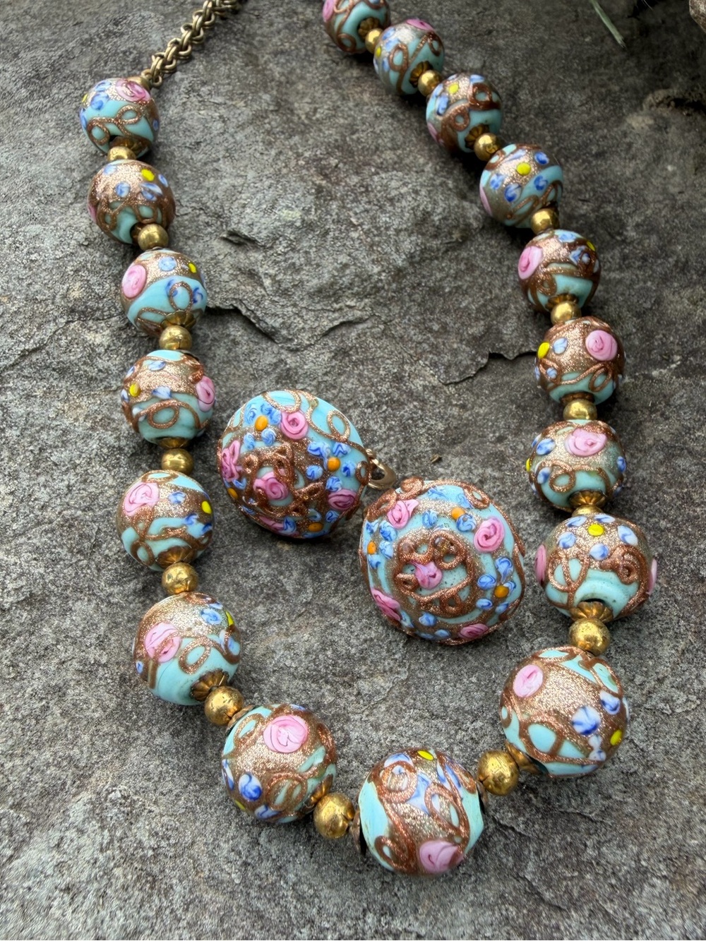Vintage Italian Murano Glass Wedding Cake Gold Blue Necklace Earrings Set
